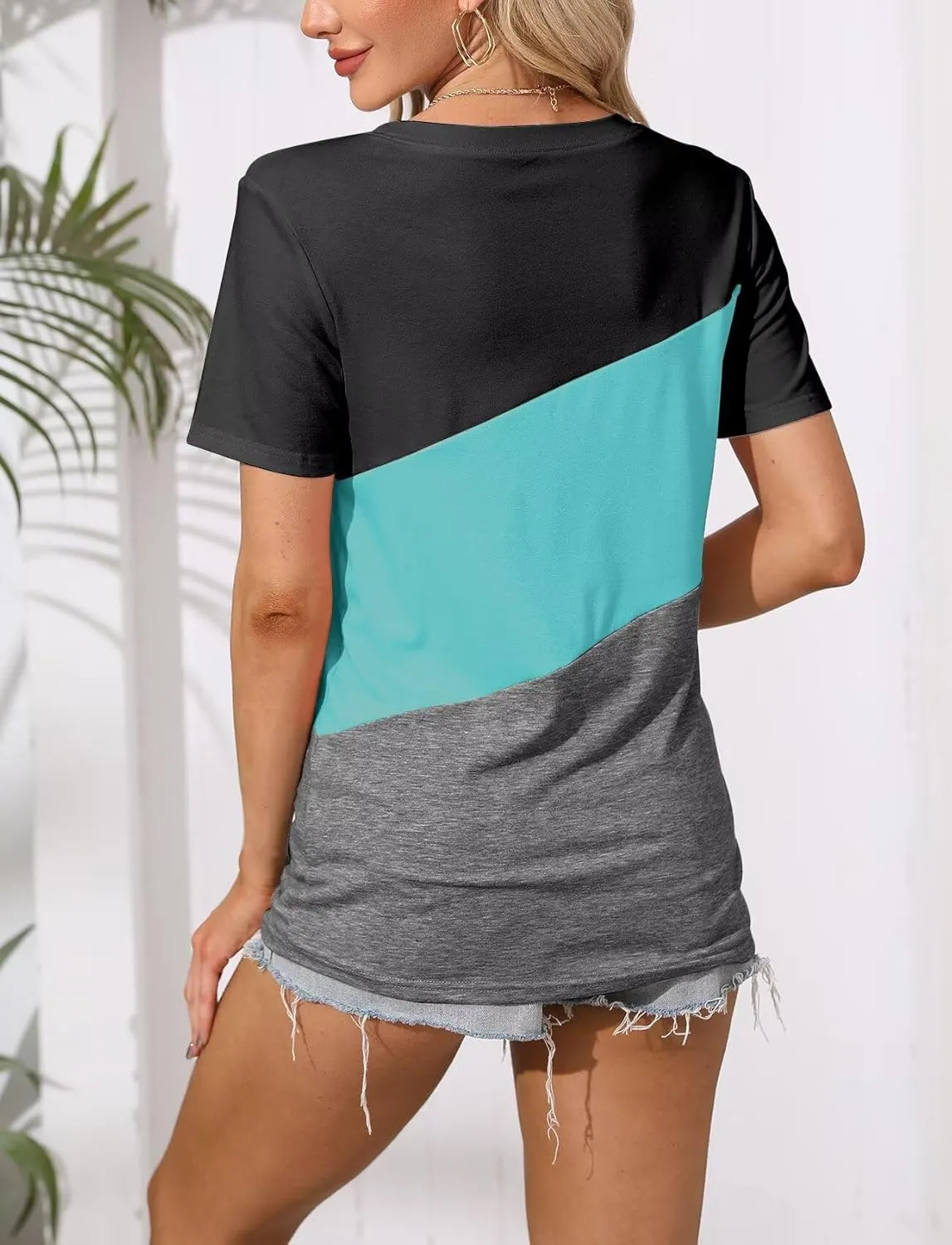 Minetom Women's T Shirts Short Sleeve Color Block/Solid Tops Casual Summer Tees