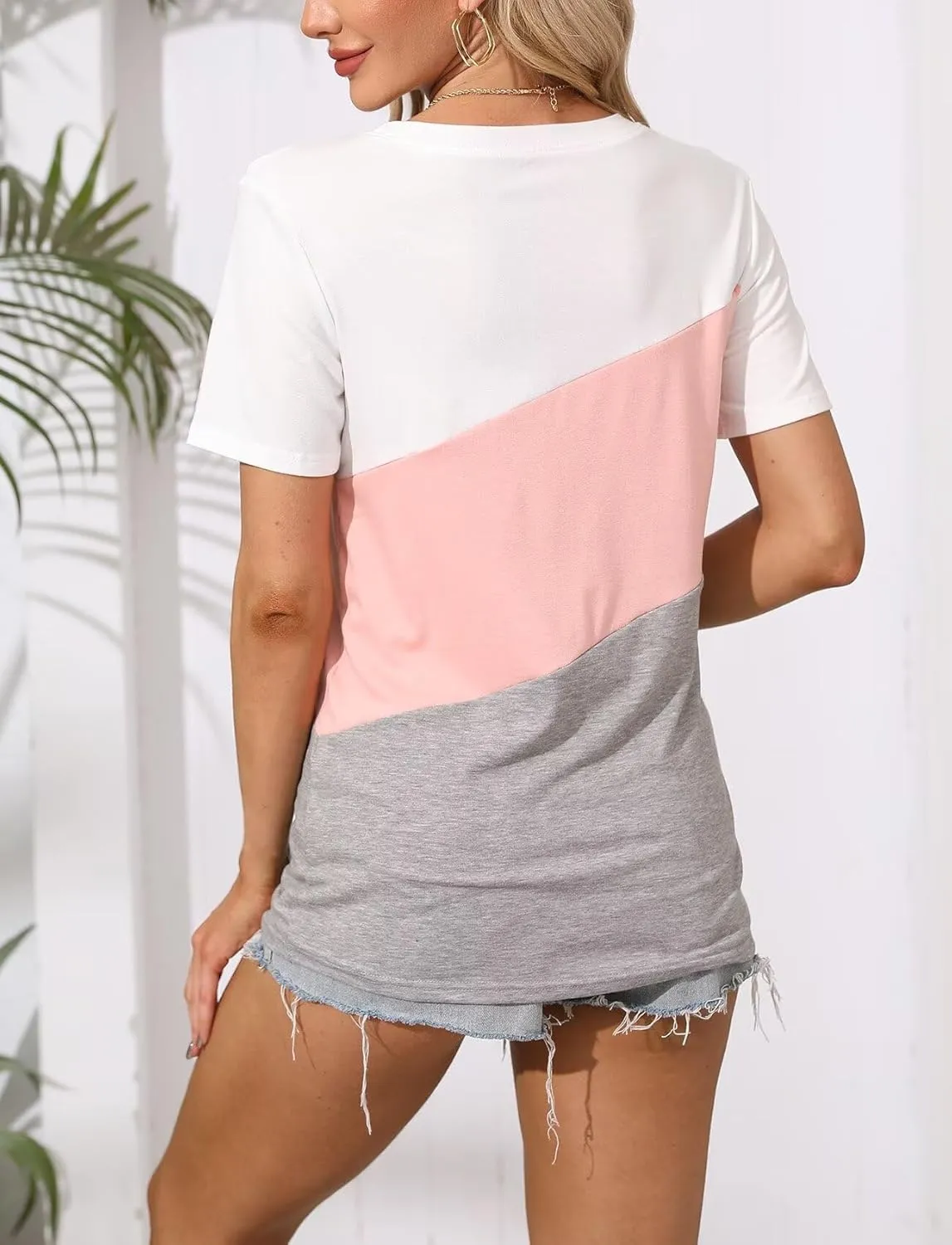 Minetom Women's T Shirts Short Sleeve Color Block/Solid Tops Casual Summer Tees