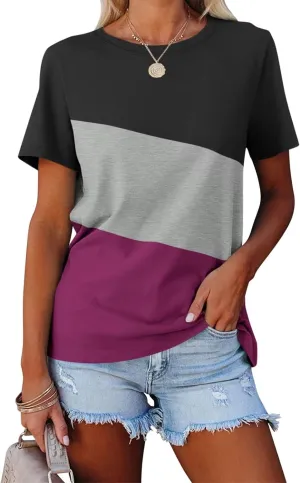 Minetom Women's T Shirts Short Sleeve Color Block/Solid Tops Casual Summer Tees