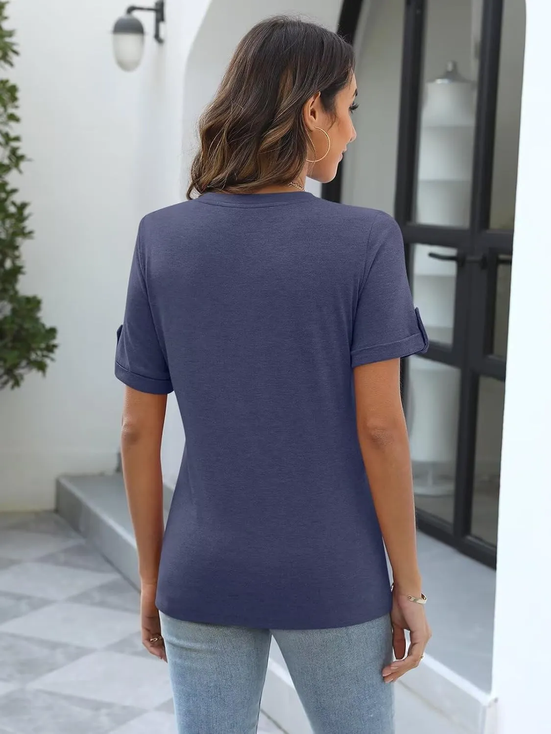 Minetom Women's T Shirts V Neck Short Sleeve Button Tops Summer Loose Fit Tee Blouse