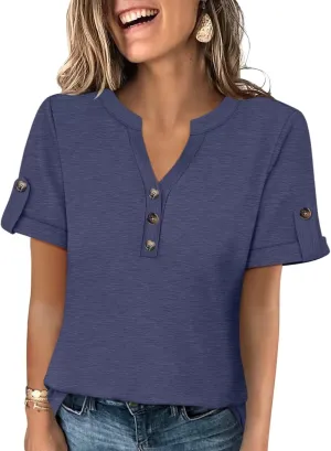 Minetom Women's T Shirts V Neck Short Sleeve Button Tops Summer Loose Fit Tee Blouse
