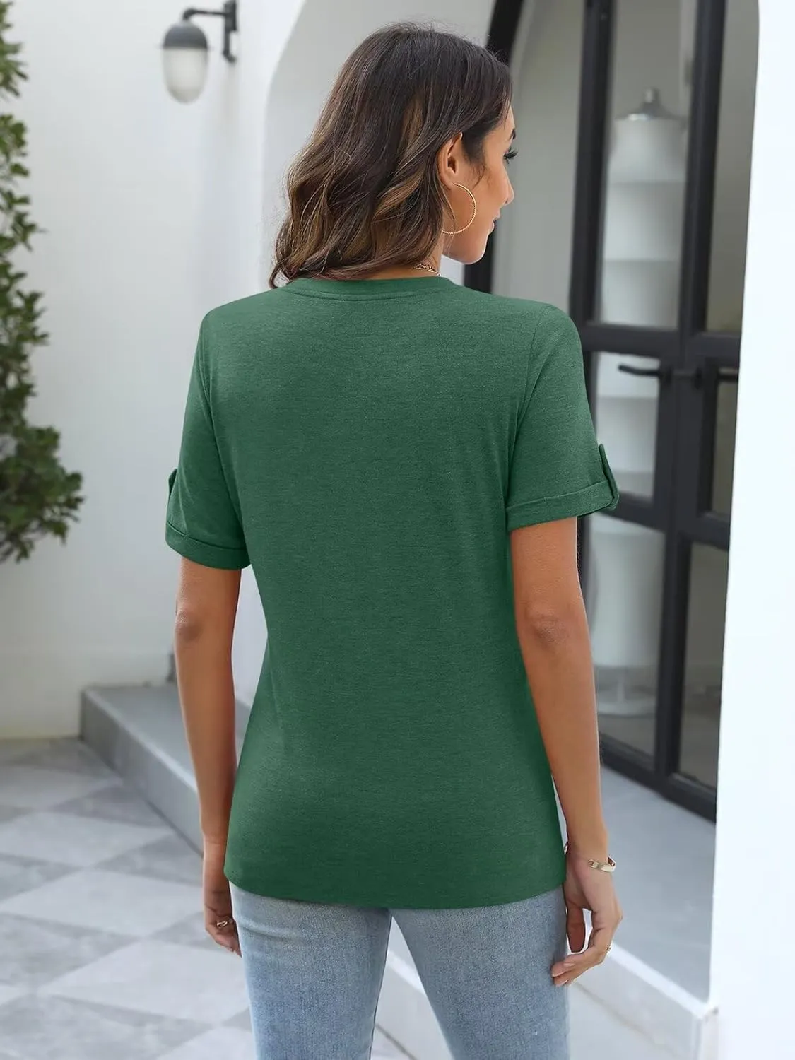 Minetom Women's T Shirts V Neck Short Sleeve Button Tops Summer Loose Fit Tee Blouse
