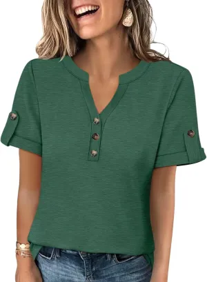 Minetom Women's T Shirts V Neck Short Sleeve Button Tops Summer Loose Fit Tee Blouse