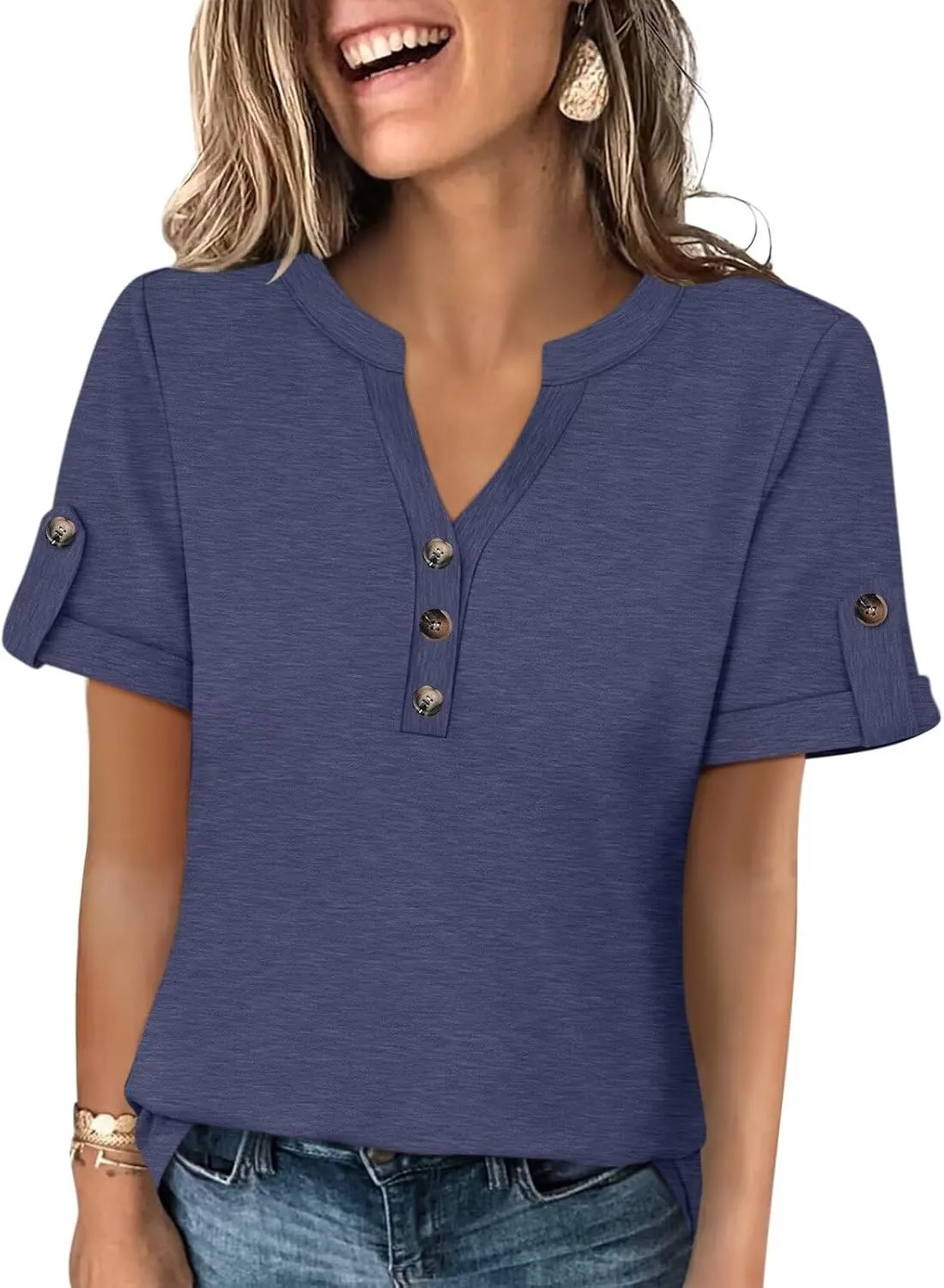 Minetom Women's T Shirts V Neck Short Sleeve Button Tops Summer Loose Fit Tee Blouse