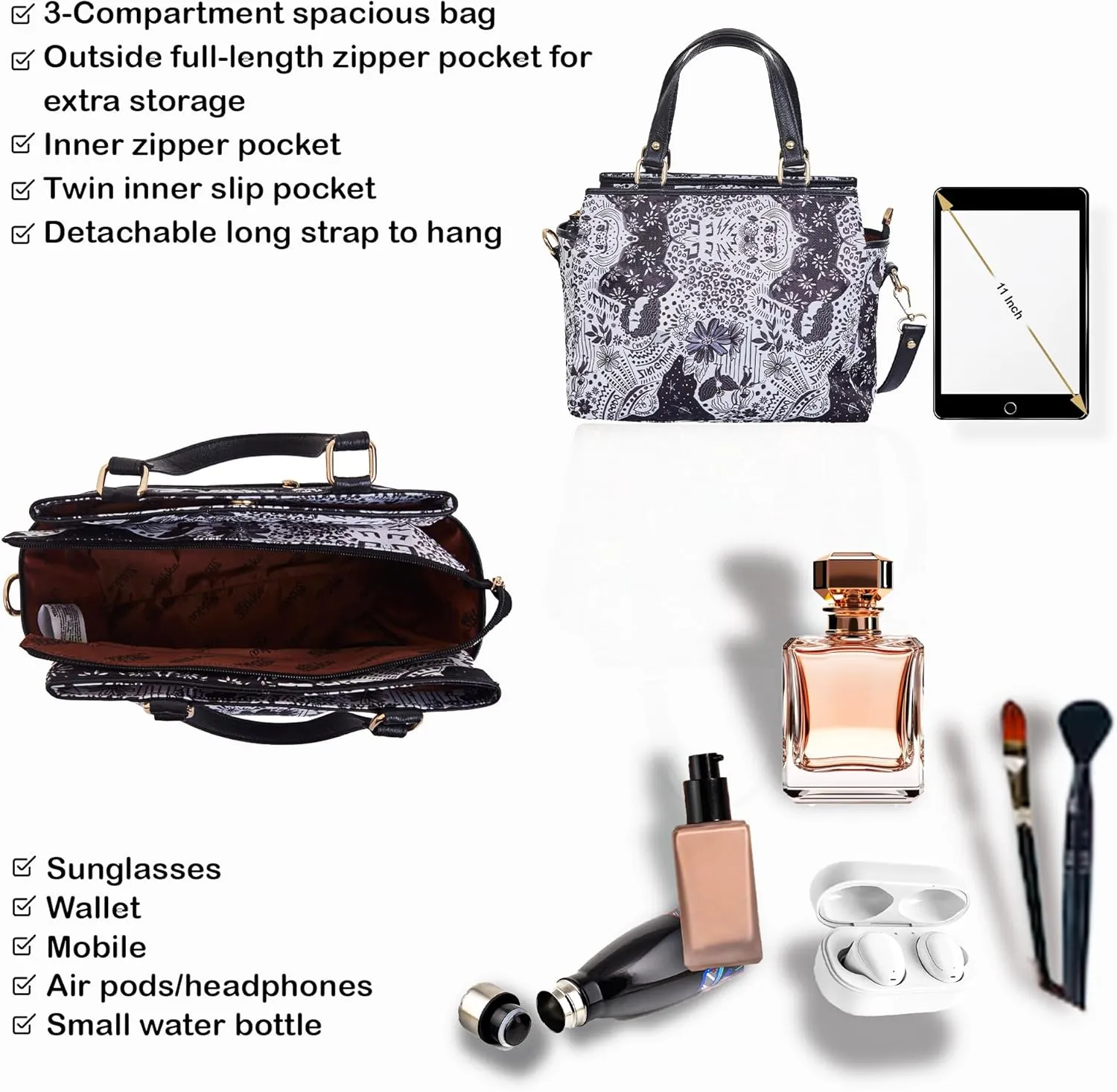 Multi-Compartment Satchel Bag with Leather Trim for Womens