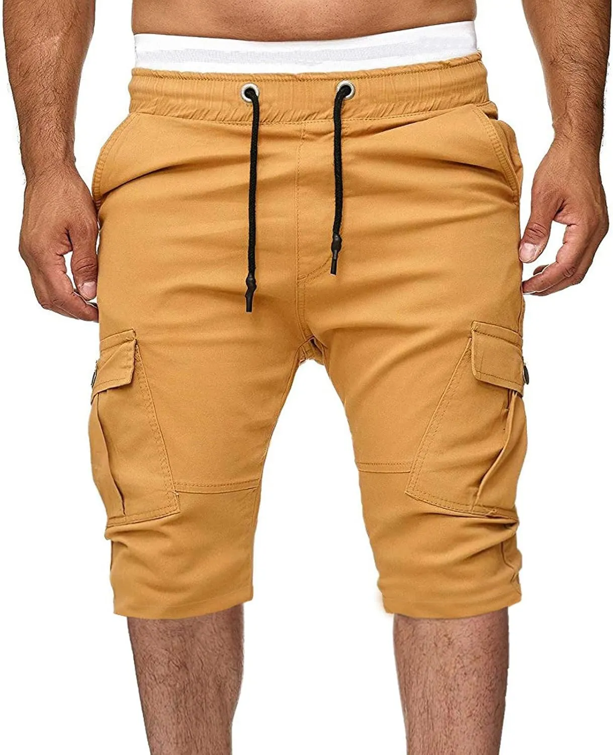 Muscularfit Cotton Shorts Men 2023 Slim Fit Drawstring Elastic Waist Multi Pockets Cargo Shorts Outdoor Solid Tooling Shorts