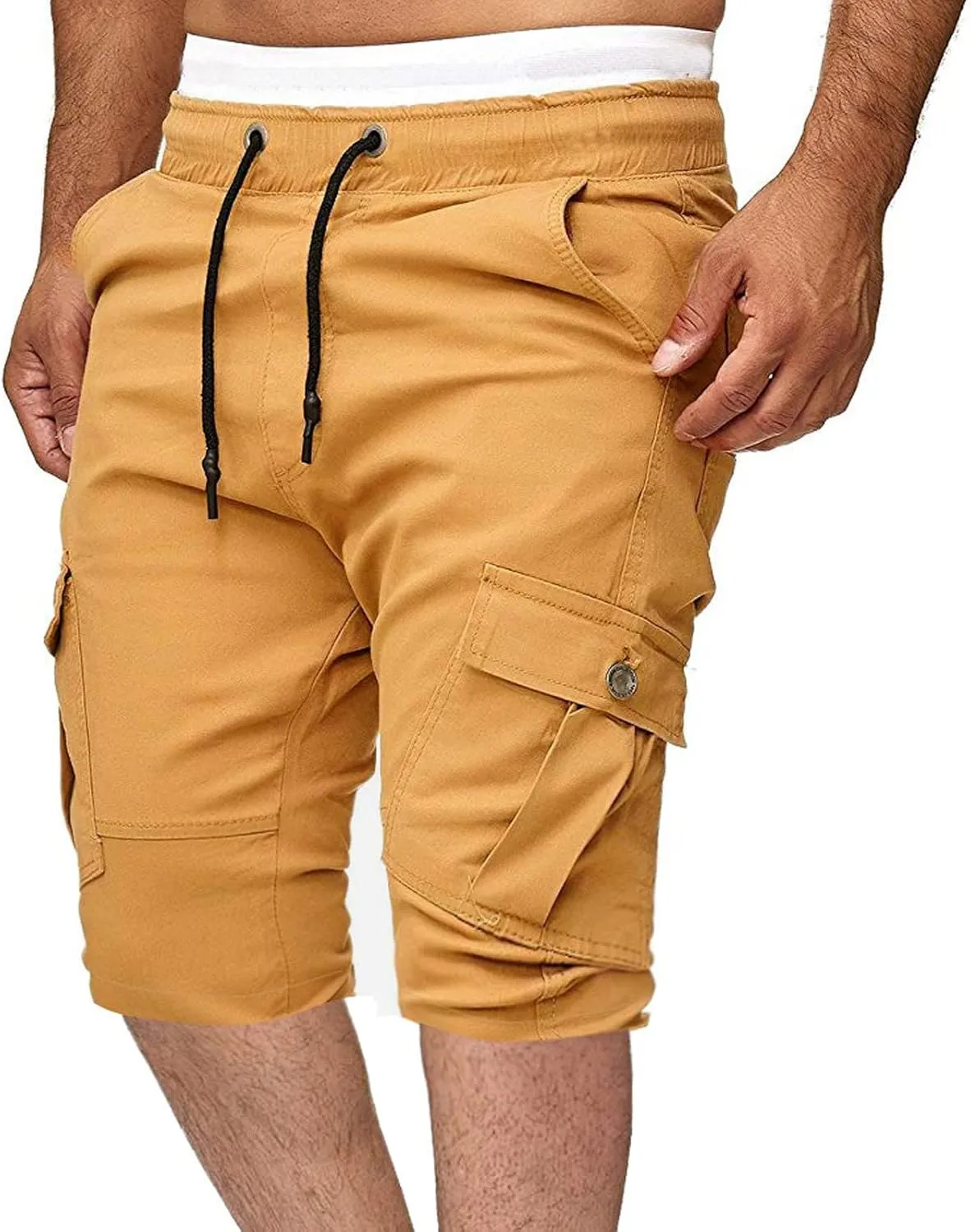 Muscularfit Cotton Shorts Men 2023 Slim Fit Drawstring Elastic Waist Multi Pockets Cargo Shorts Outdoor Solid Tooling Shorts
