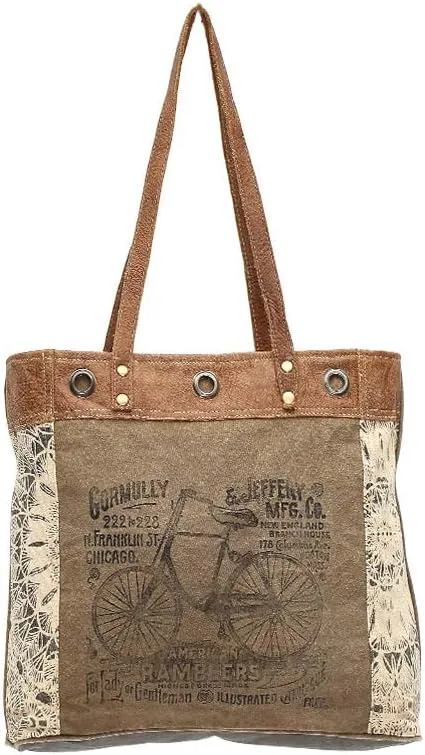 Myra Bags Bicycle Upcycled Canvas Tote Bag S-0935, Tan, Khaki, Brown, One_Size