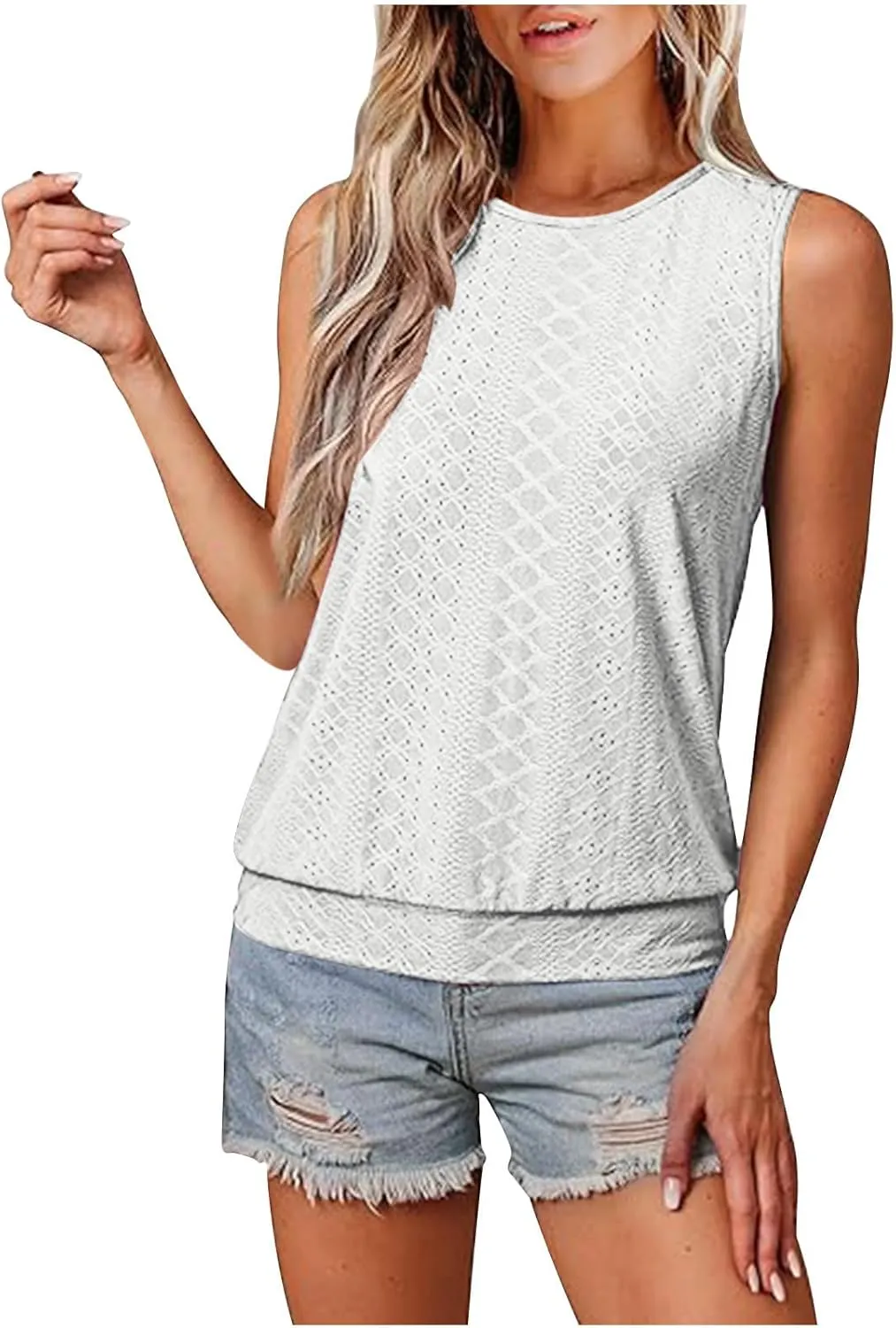 NATHGAM Womens Tank Tops Loose Fit Eyelet Embroidery Sleeveless Shirts High Neck Casual Summer Flowy Beach Vacation Clothes