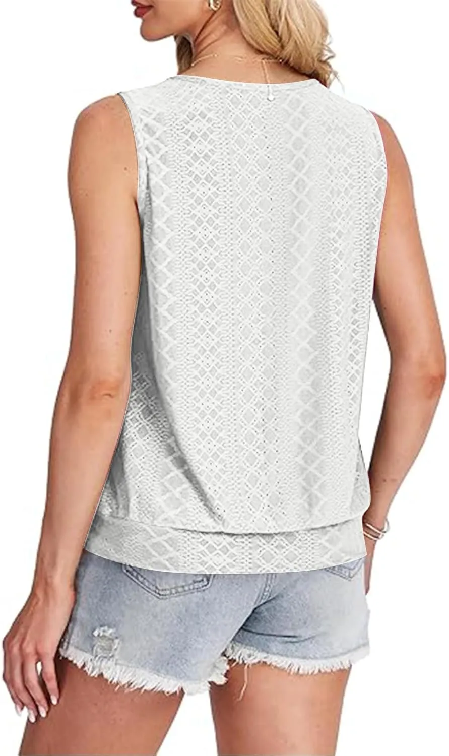 NATHGAM Womens Tank Tops Loose Fit Eyelet Embroidery Sleeveless Shirts High Neck Casual Summer Flowy Beach Vacation Clothes