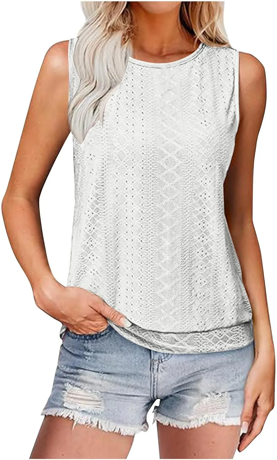 NATHGAM Womens Tank Tops Loose Fit Eyelet Embroidery Sleeveless Shirts High Neck Casual Summer Flowy Beach Vacation Clothes