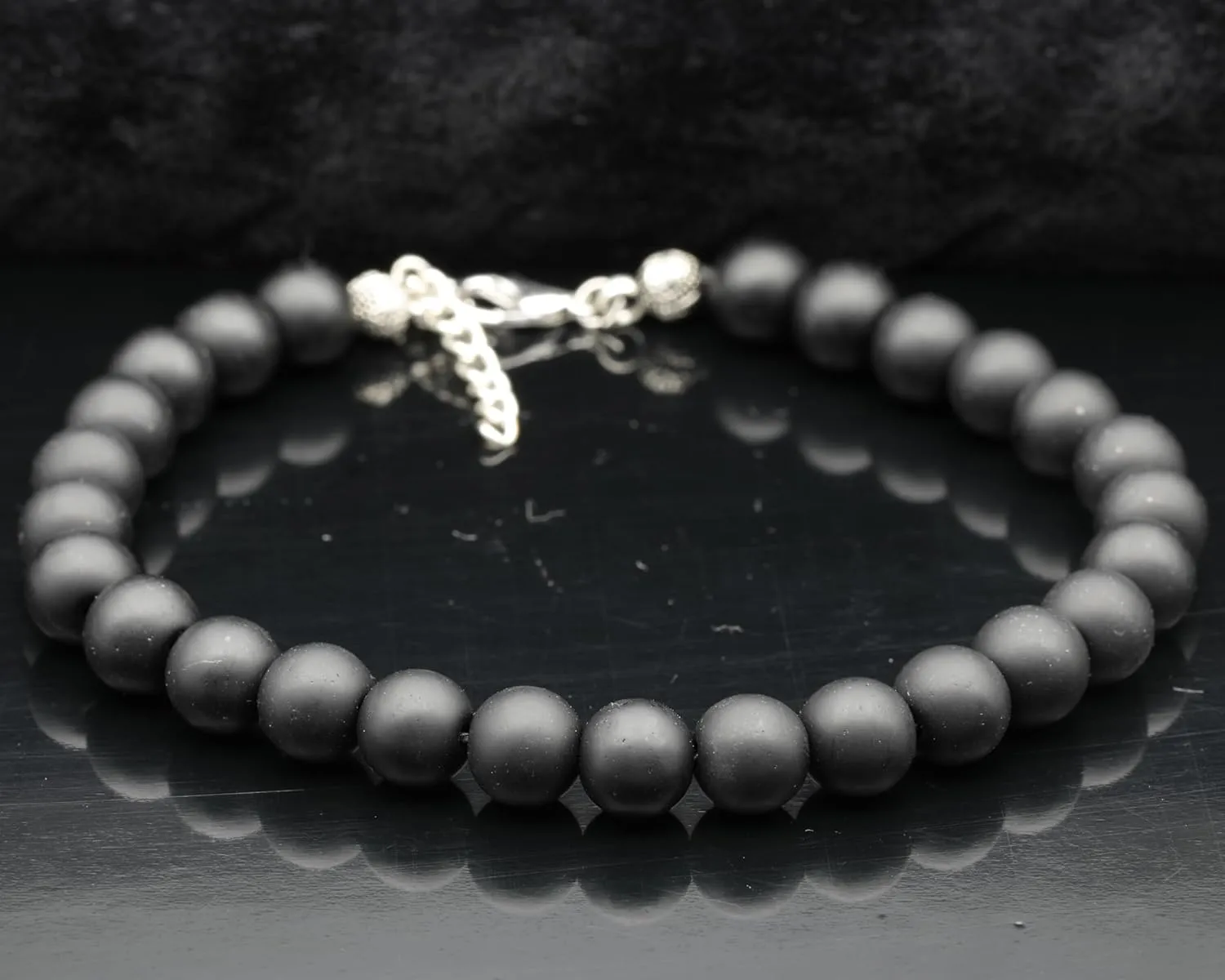 Natural Matte Black Onyx Beaded Anklet Genuine Gemstone Depression Crystal Clasp With Extender Chain Anklet Unisex Anklet (9.5, Matte Onyx)
