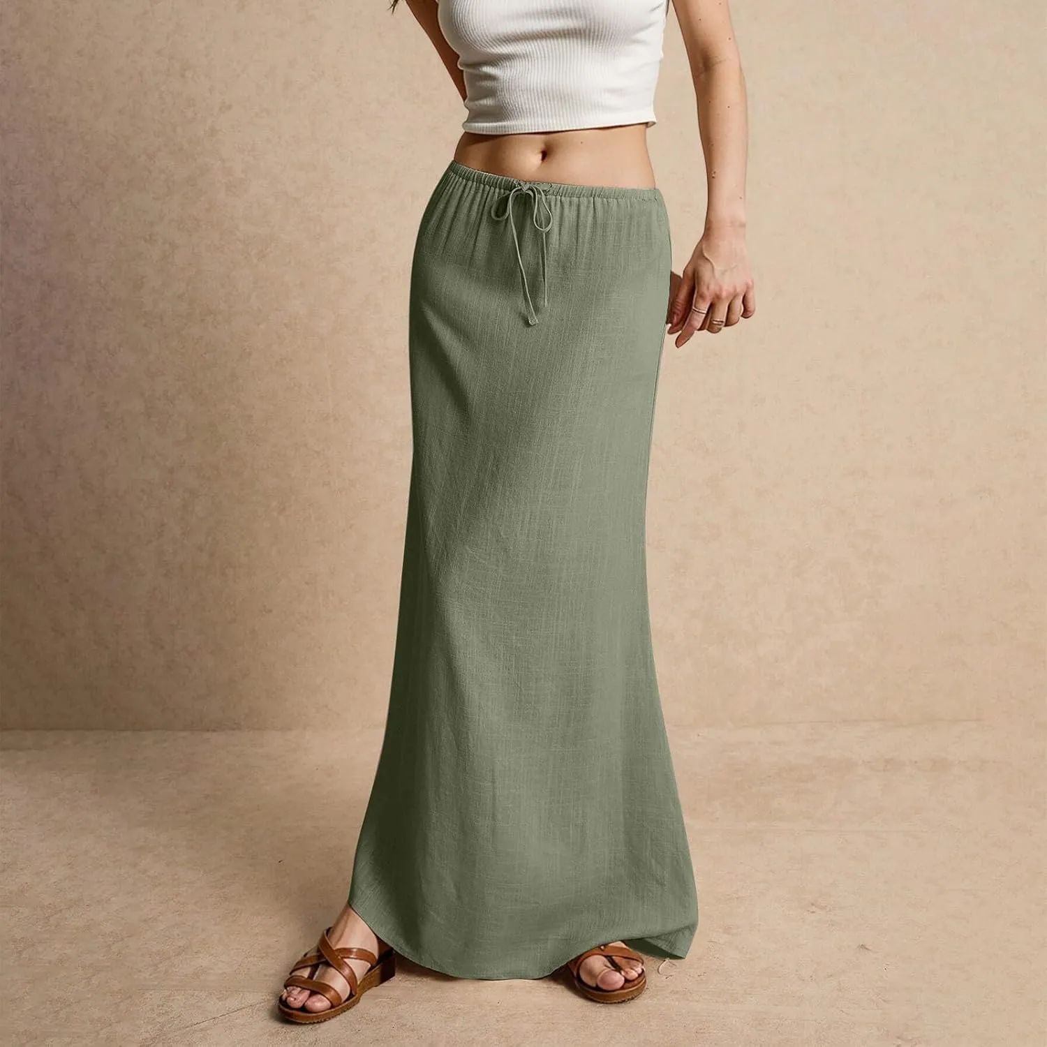 NBXNZWF Linen Skirts for Women 2025 Trendy Summer Low Rise A-Line Maxi Skirts Drawstring Waist Flowy Beach Cover Up Outfit