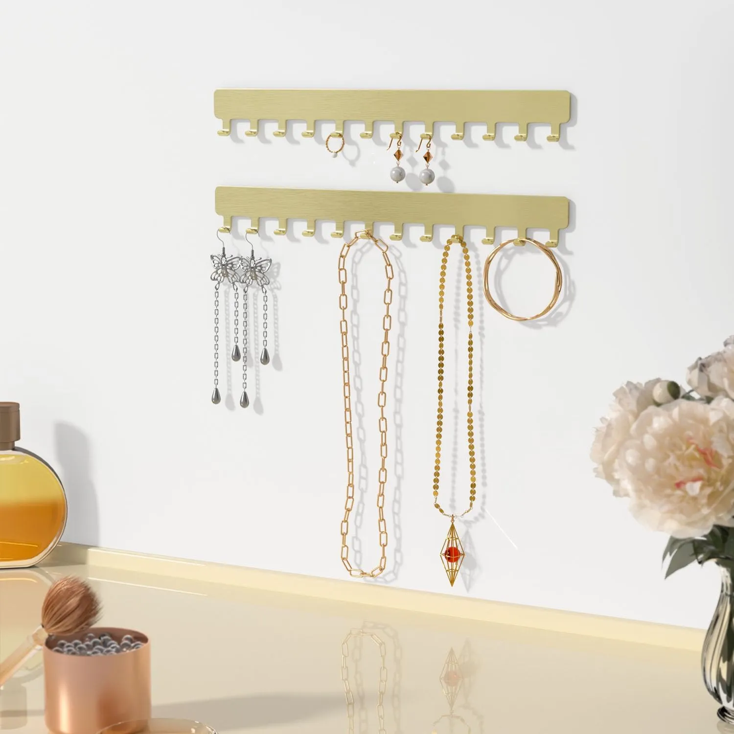 Necklace Holder Hanging Jewelry Organizer: Self-Adhesive Wall Organizer for Necklaces, 2 Pack, Gold