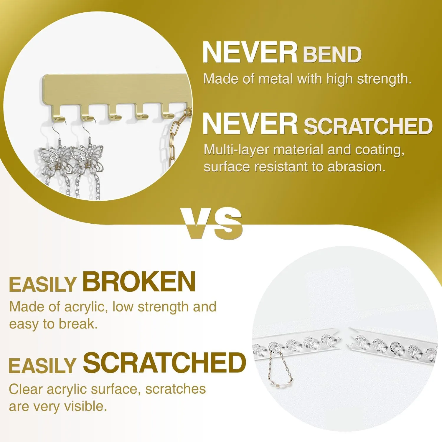 Necklace Holder Hanging Jewelry Organizer: Self-Adhesive Wall Organizer for Necklaces, 2 Pack, Gold