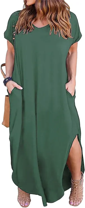 Nemidor Plus Size Maxi Dresses for Curvy Women Casual Summer Slit Loose Short Sleeve Long Dress with Pocket 14-26
