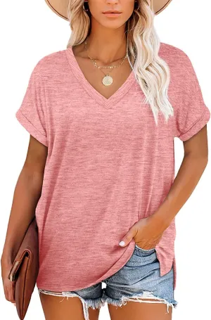 NEYOUQE Womens Summer Short Sleeve V Neck Basic Tee Shirts Workout Trendy Plain Tunic Tops Tshirts Casual Wear Shirt