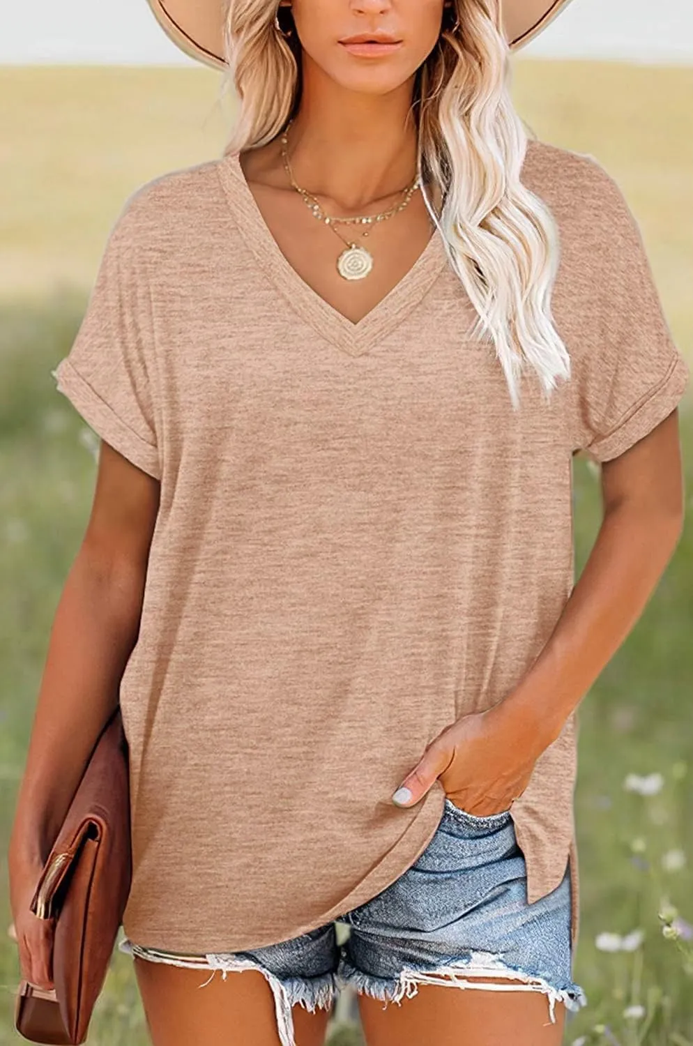 NEYOUQE Womens Summer Short Sleeve V Neck Basic Tee Shirts Workout Trendy Plain Tunic Tops Tshirts Casual Wear Shirt