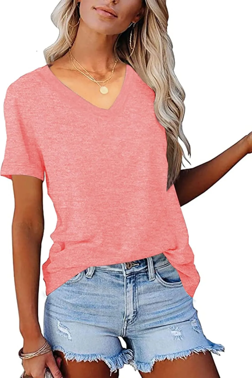 NEYOUQE Womens Summer Short Sleeve V Neck Basic Tee Shirts Workout Trendy Plain Tunic Tops Tshirts Casual Wear Shirt
