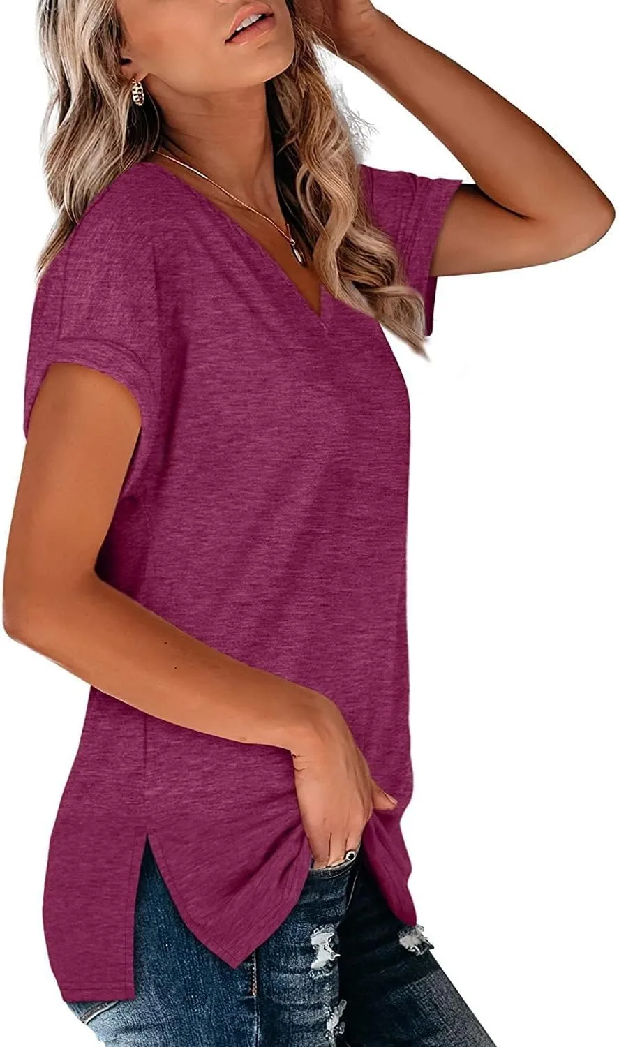 NEYOUQE Womens Summer Short Sleeve V Neck Basic Tee Shirts Workout Trendy Plain Tunic Tops Tshirts Casual Wear Shirt