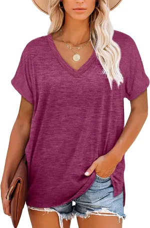 NEYOUQE Womens Summer Short Sleeve V Neck Basic Tee Shirts Workout Trendy Plain Tunic Tops Tshirts Casual Wear Shirt