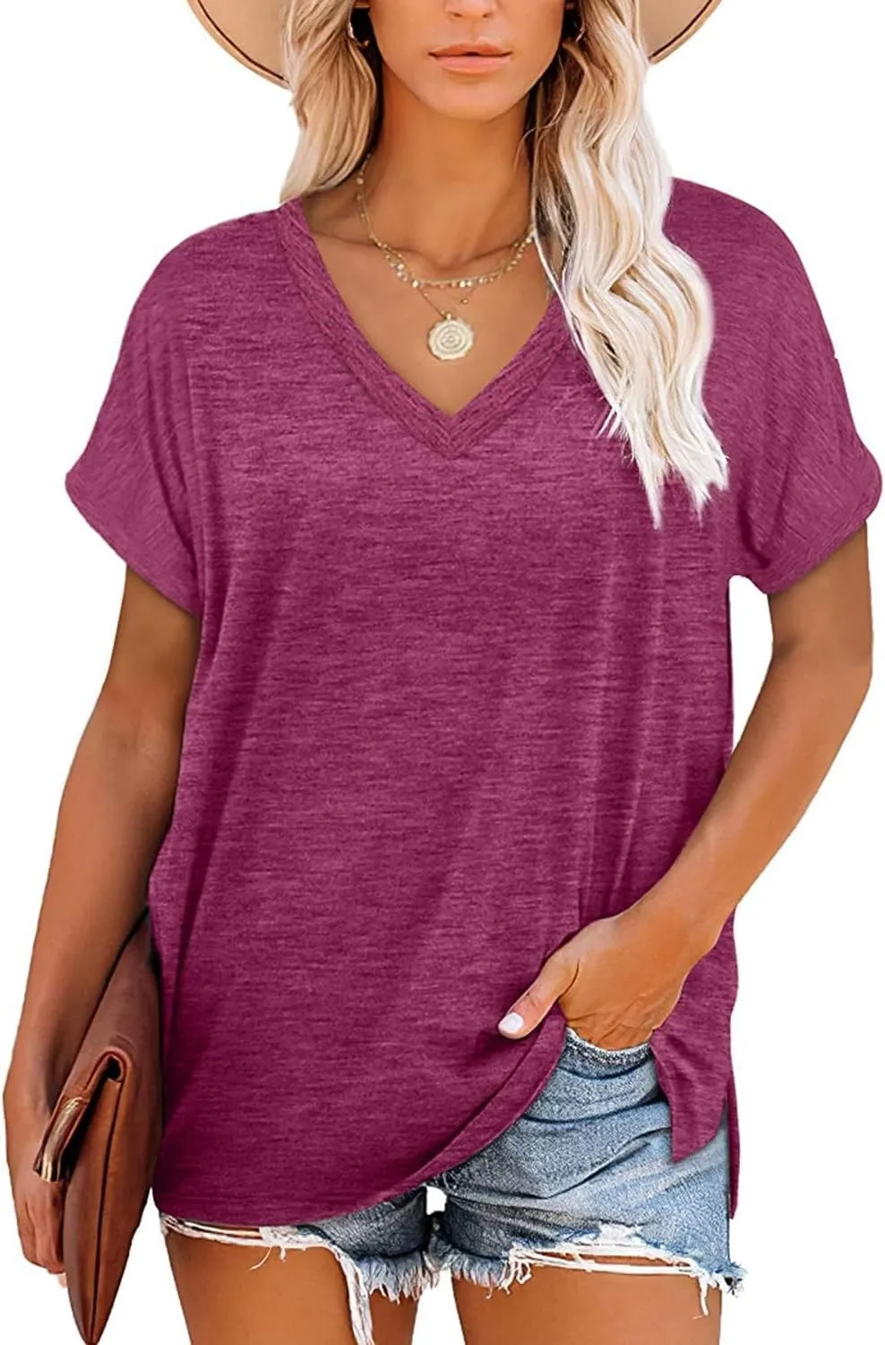 NEYOUQE Womens Summer Short Sleeve V Neck Basic Tee Shirts Workout Trendy Plain Tunic Tops Tshirts Casual Wear Shirt