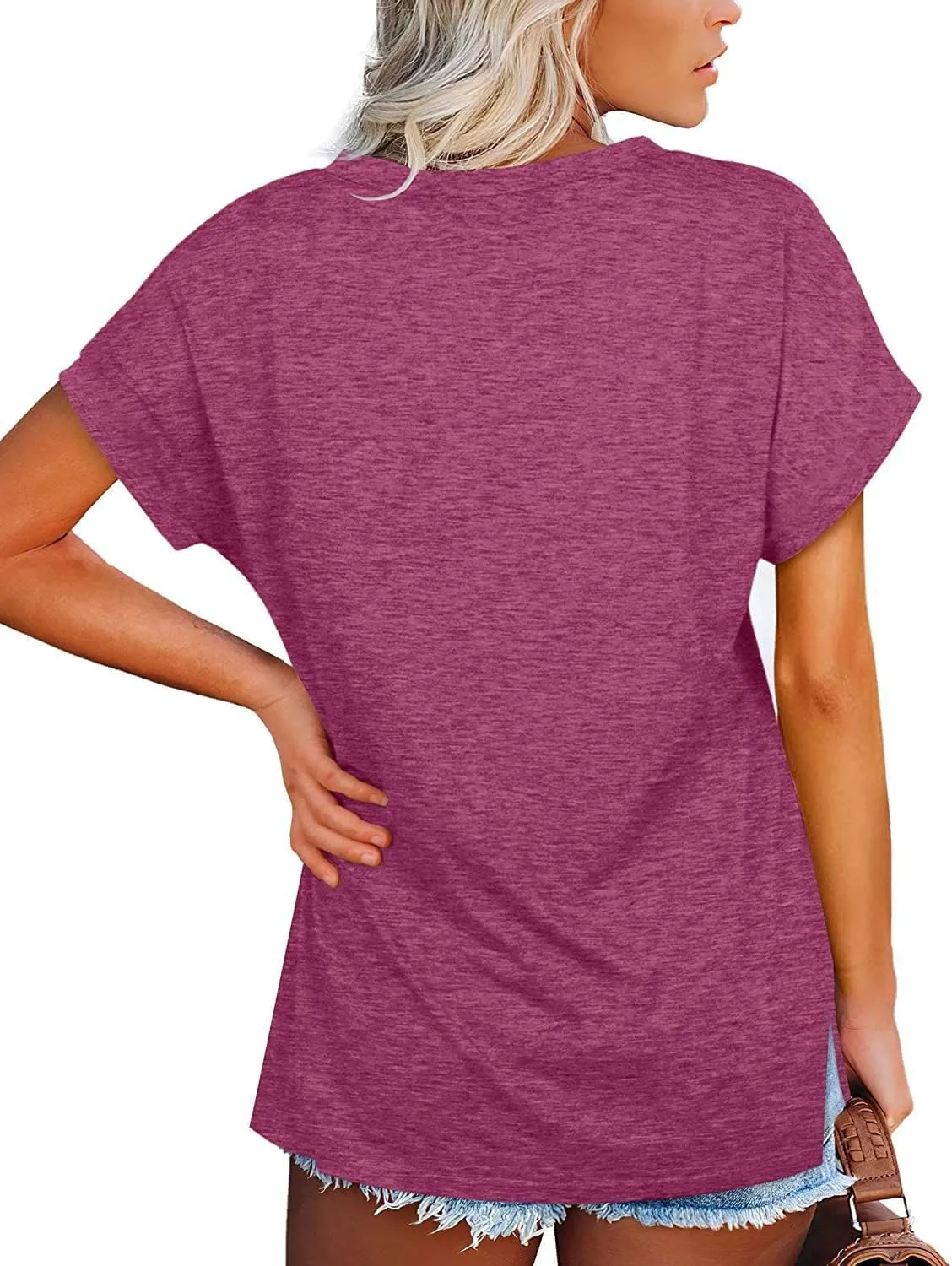NEYOUQE Womens Summer Short Sleeve V Neck Basic Tee Shirts Workout Trendy Plain Tunic Tops Tshirts Casual Wear Shirt