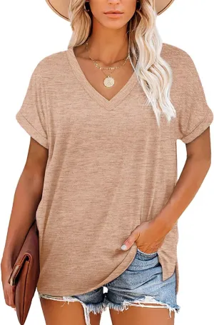 NEYOUQE Womens Summer Short Sleeve V Neck Basic Tee Shirts Workout Trendy Plain Tunic Tops Tshirts Casual Wear Shirt