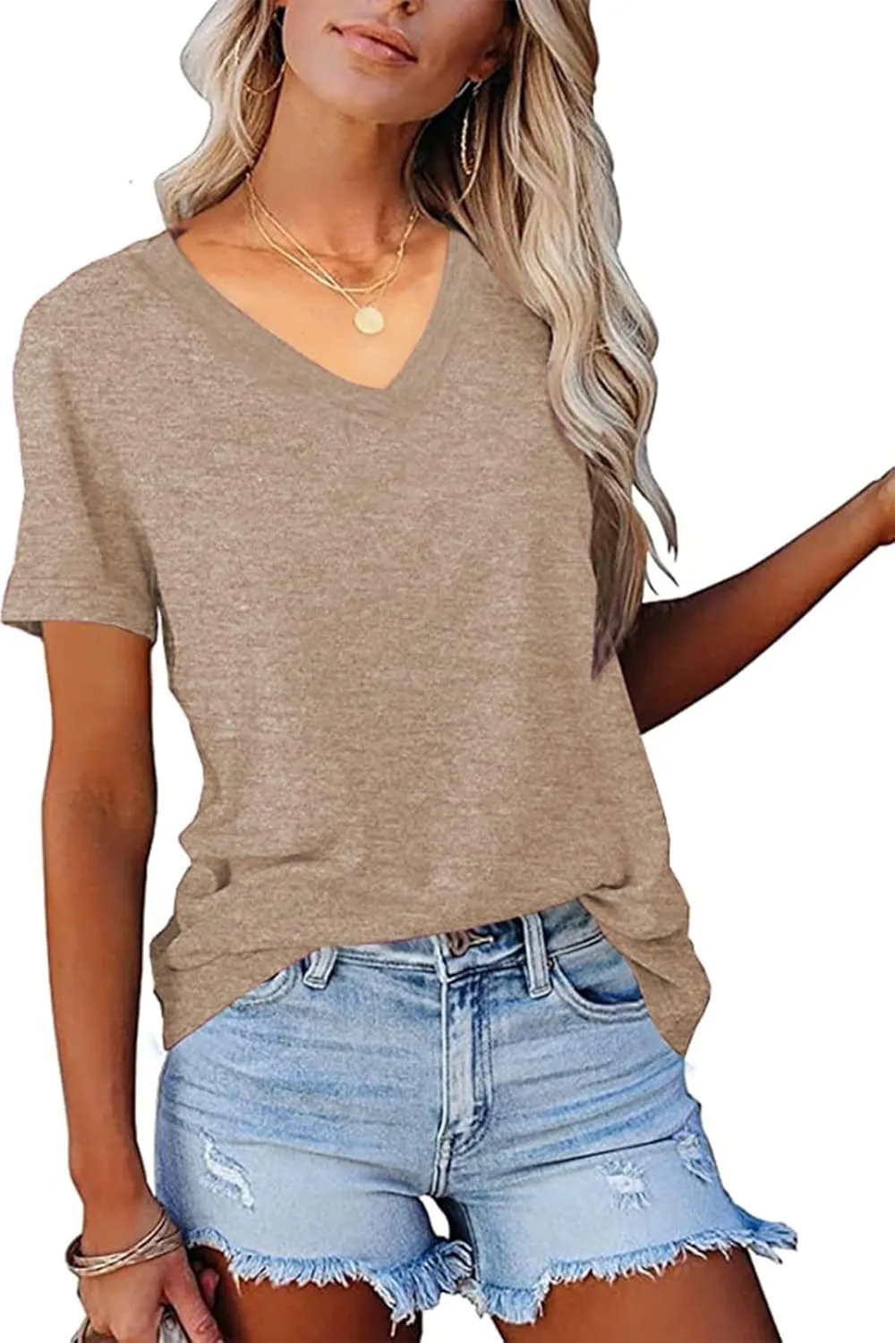 NEYOUQE Womens Summer Short Sleeve V Neck Basic Tee Shirts Workout Trendy Plain Tunic Tops Tshirts Casual Wear Shirt