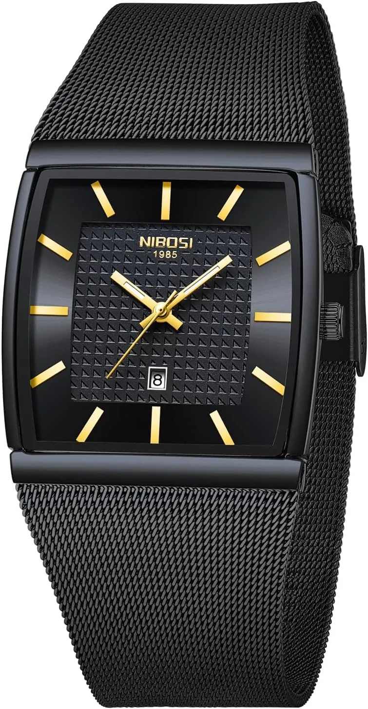 NIBOSI Men Watches Business Square Military Waterproof Sport Analog Quartz Wrist Watch for Men with Stainless Steel Mesh Strap Date Calendar