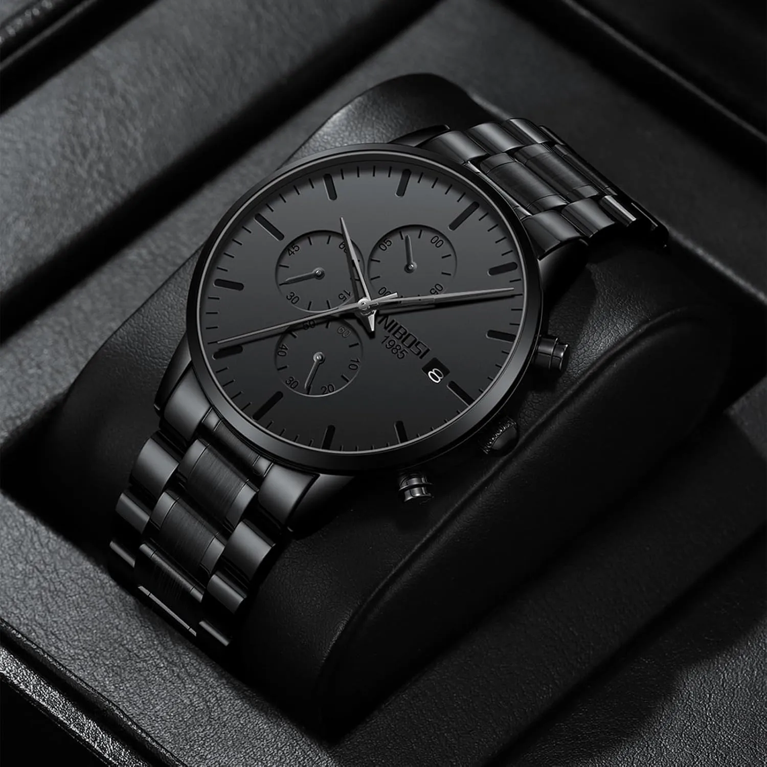 NIBOSI Men's Watches Analog Minimalist Black Dial Watches for Men Business Chronograph Military Casual Wrist Watches Stainless Steel Strap Date