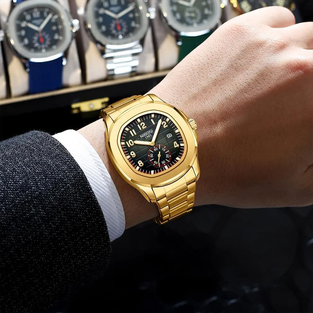 NIBOSI Watch for Men Square Fashion Easy Read Waterproof Business Stainless Luxury Analog Simple Dress Dad Father Gifts Gold Black Wrist Watches