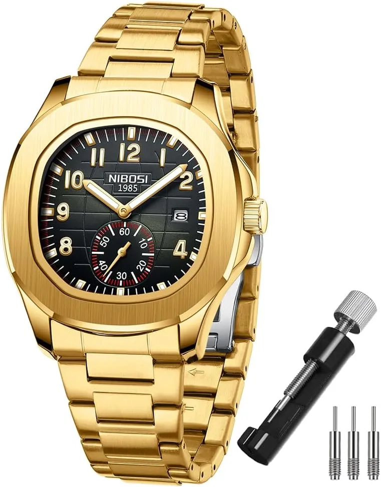 NIBOSI Watch for Men Square Fashion Easy Read Waterproof Business Stainless Luxury Analog Simple Dress Dad Father Gifts Gold Black Wrist Watches