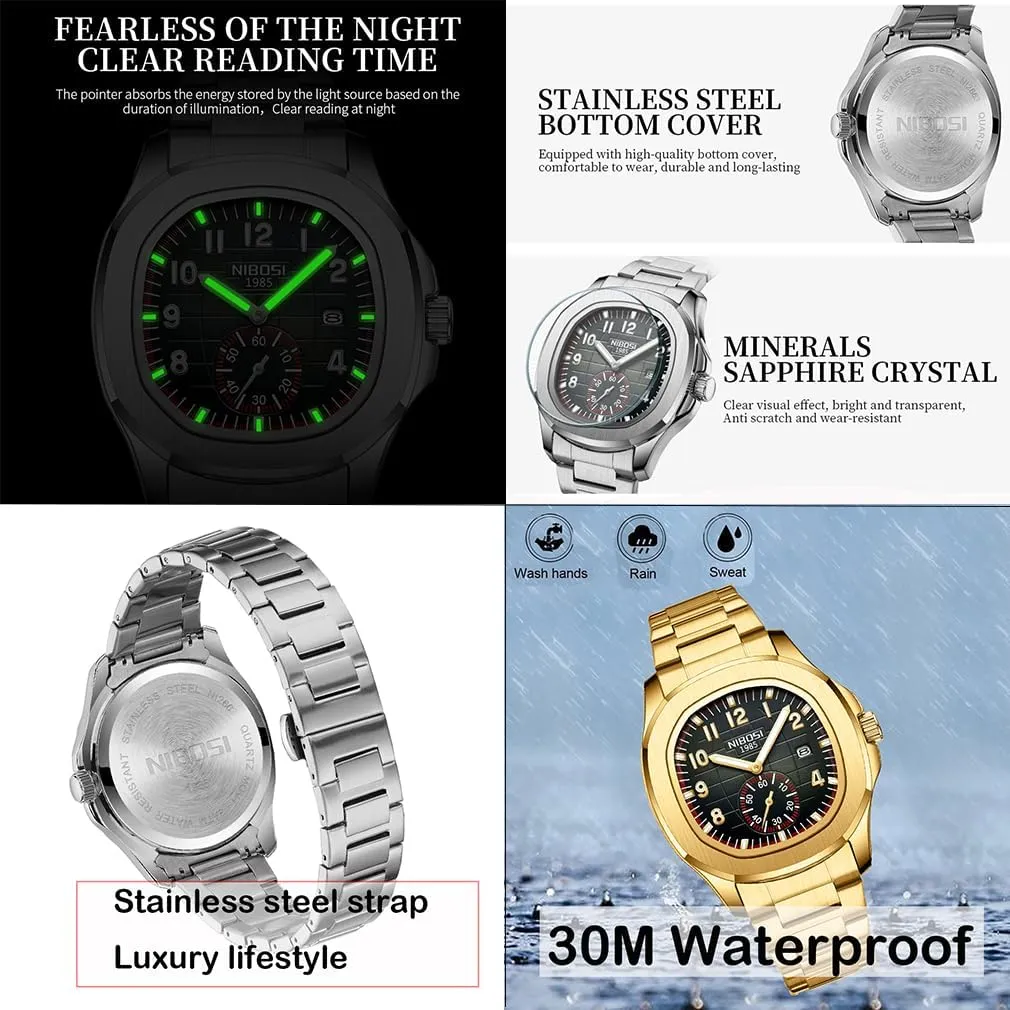 NIBOSI Watch for Men Square Fashion Easy Read Waterproof Business Stainless Luxury Analog Simple Dress Dad Father Gifts Gold Black Wrist Watches