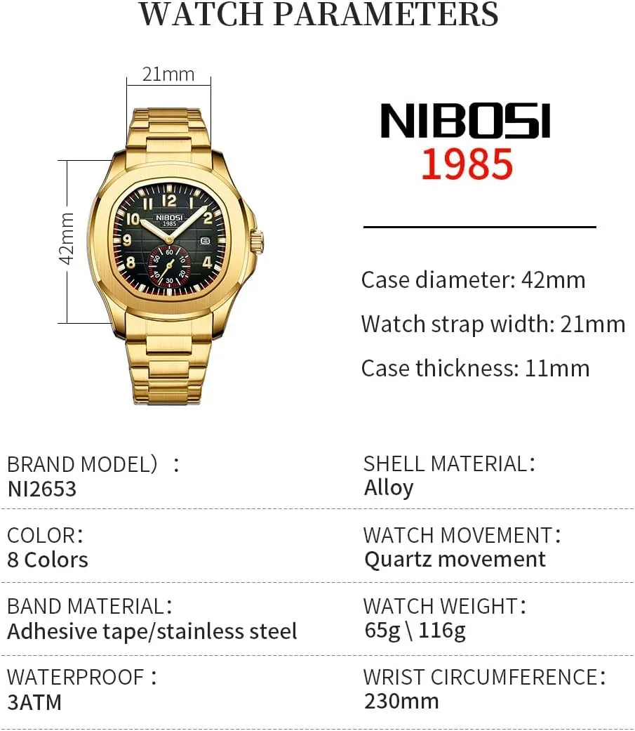 NIBOSI Watch for Men Square Fashion Easy Read Waterproof Business Stainless Luxury Analog Simple Dress Dad Father Gifts Gold Black Wrist Watches