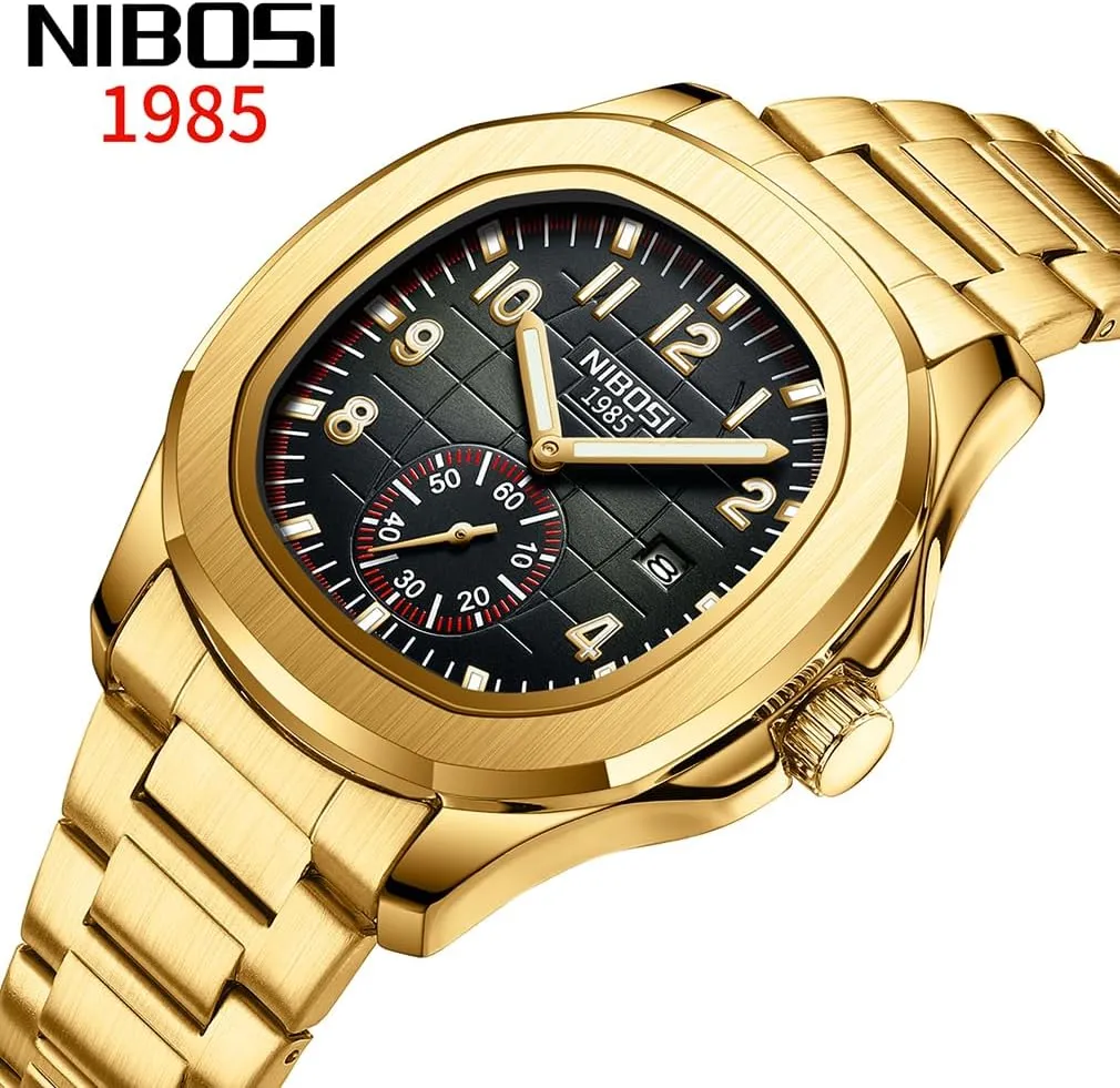 NIBOSI Watch for Men Square Fashion Easy Read Waterproof Business Stainless Luxury Analog Simple Dress Dad Father Gifts Gold Black Wrist Watches