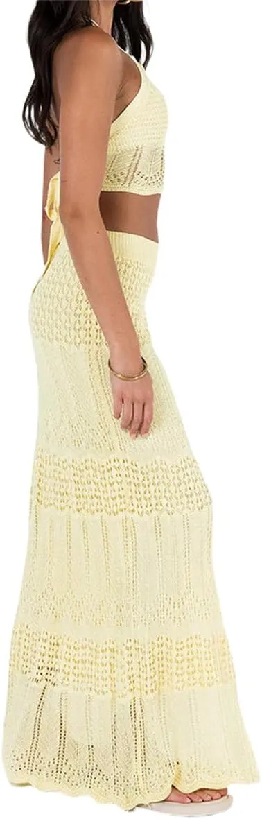 NIFTRIRY Crochet Coverups for Women Halter Top with Maxi Skirt 2 Piece Sets Summer Vocation Beach Outfits