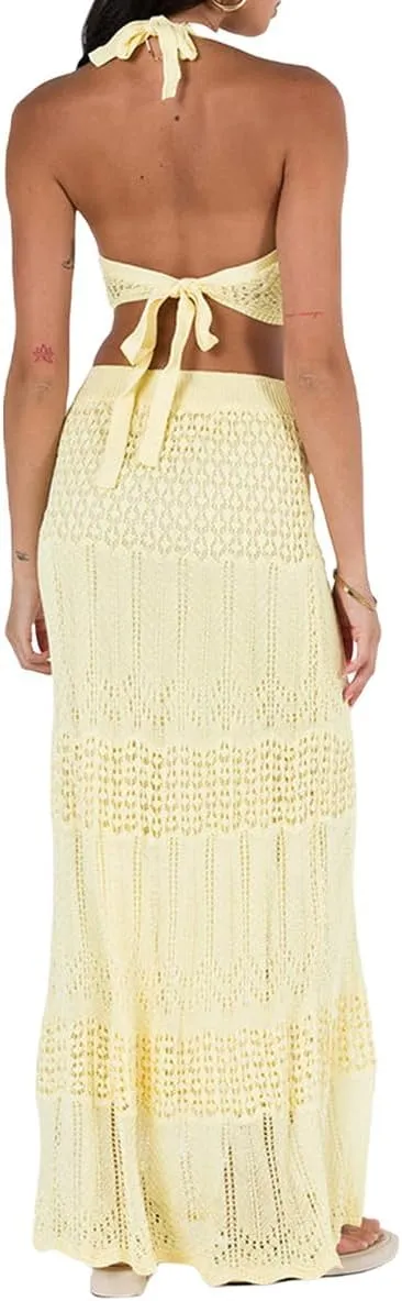 NIFTRIRY Crochet Coverups for Women Halter Top with Maxi Skirt 2 Piece Sets Summer Vocation Beach Outfits