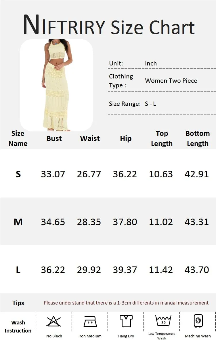 NIFTRIRY Crochet Coverups for Women Halter Top with Maxi Skirt 2 Piece Sets Summer Vocation Beach Outfits