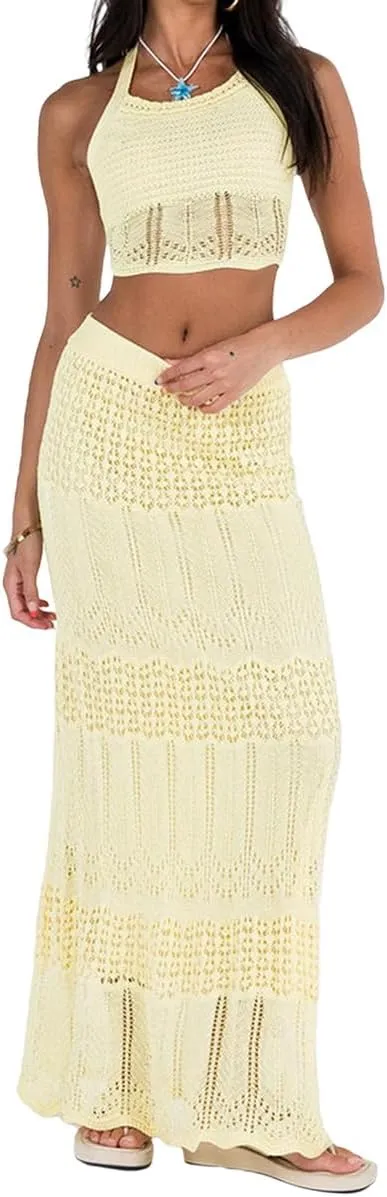 NIFTRIRY Crochet Coverups for Women Halter Top with Maxi Skirt 2 Piece Sets Summer Vocation Beach Outfits
