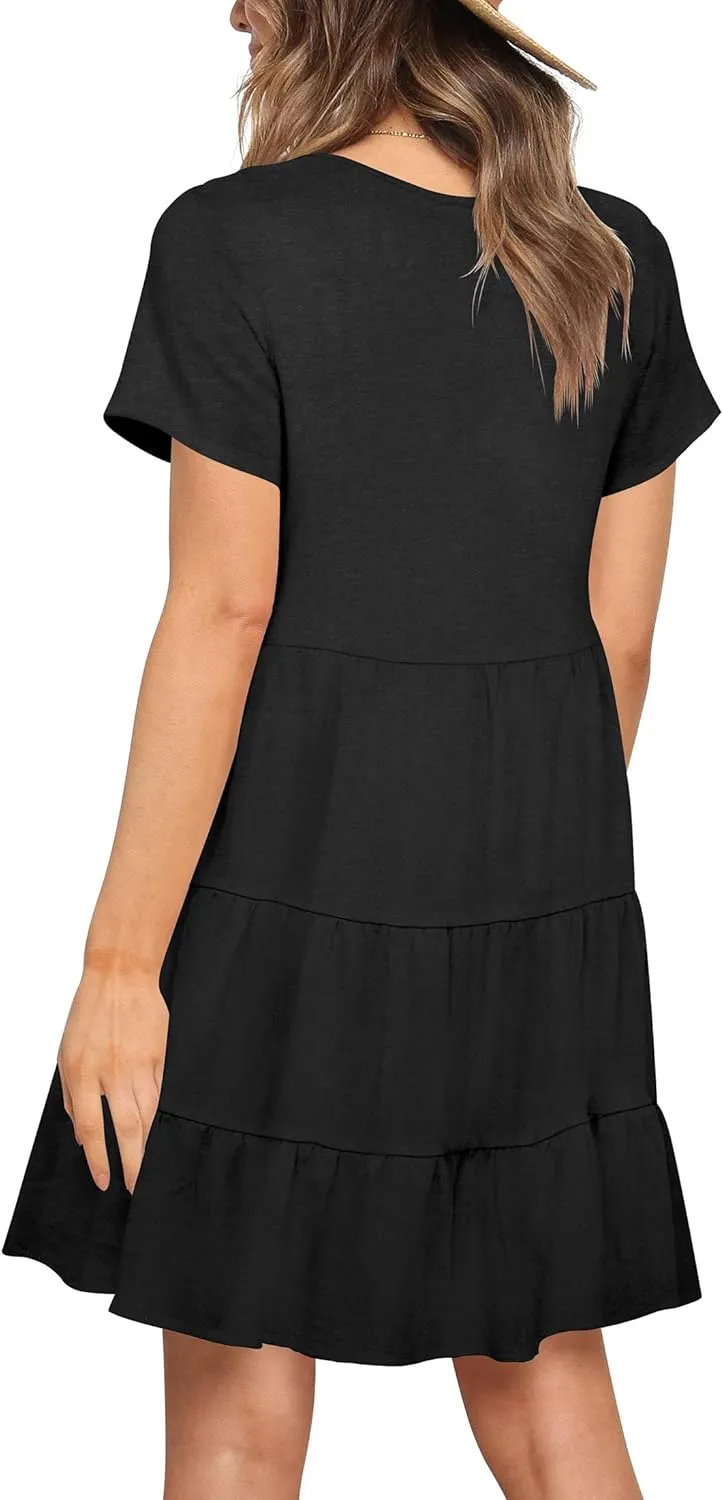 Nova In Sky Women's Summer Dresses 2025 Short Sleeve V-Neck Casual Loose Swing Button Down Casual T Shirt Dresses