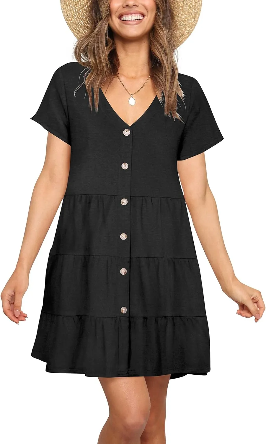 Nova In Sky Women's Summer Dresses 2025 Short Sleeve V-Neck Casual Loose Swing Button Down Casual T Shirt Dresses