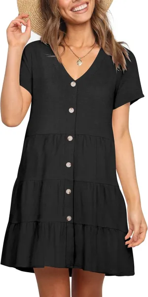 Nova In Sky Women's Summer Dresses 2025 Short Sleeve V-Neck Casual Loose Swing Button Down Casual T Shirt Dresses