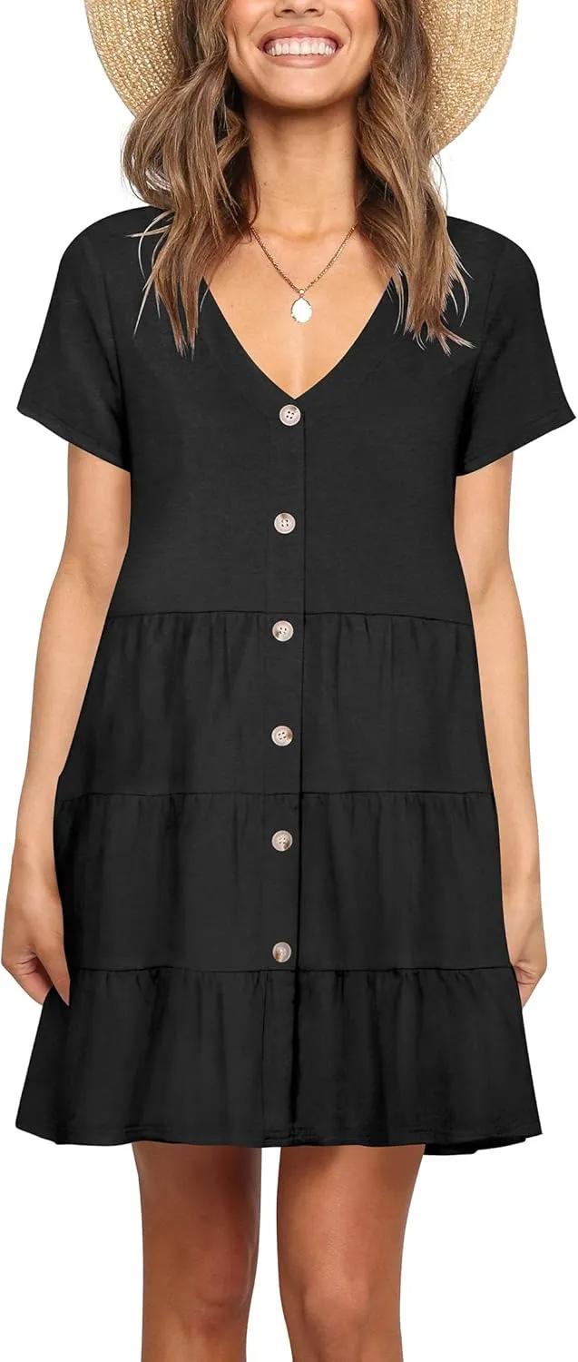 Nova In Sky Women's Summer Dresses 2025 Short Sleeve V-Neck Casual Loose Swing Button Down Casual T Shirt Dresses
