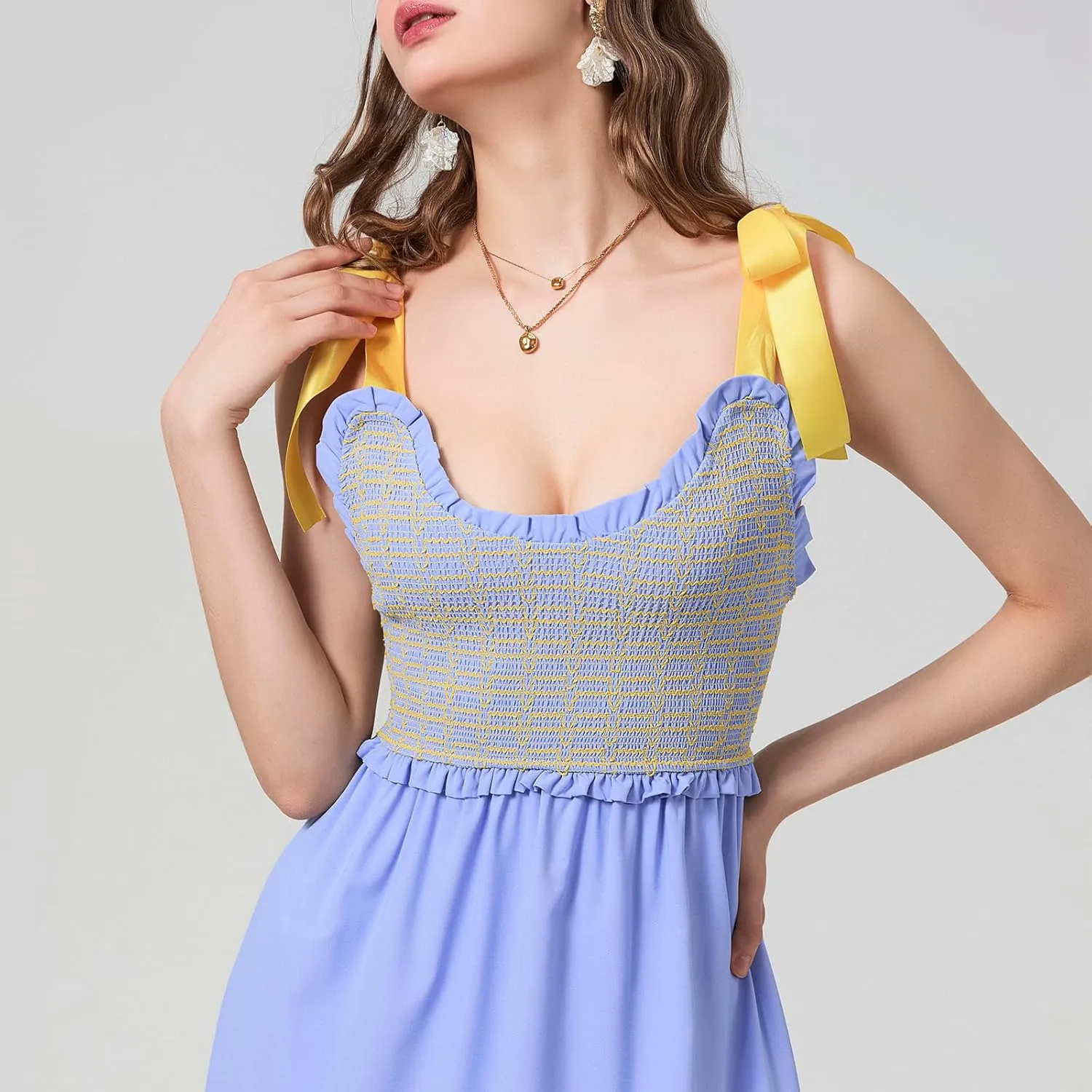 NUFIWI Boho Tie Shoulder Dress for Women Floral Patchwork Long Sundress Sleeveless Flowy Smocked Summer Bohemian Dresses