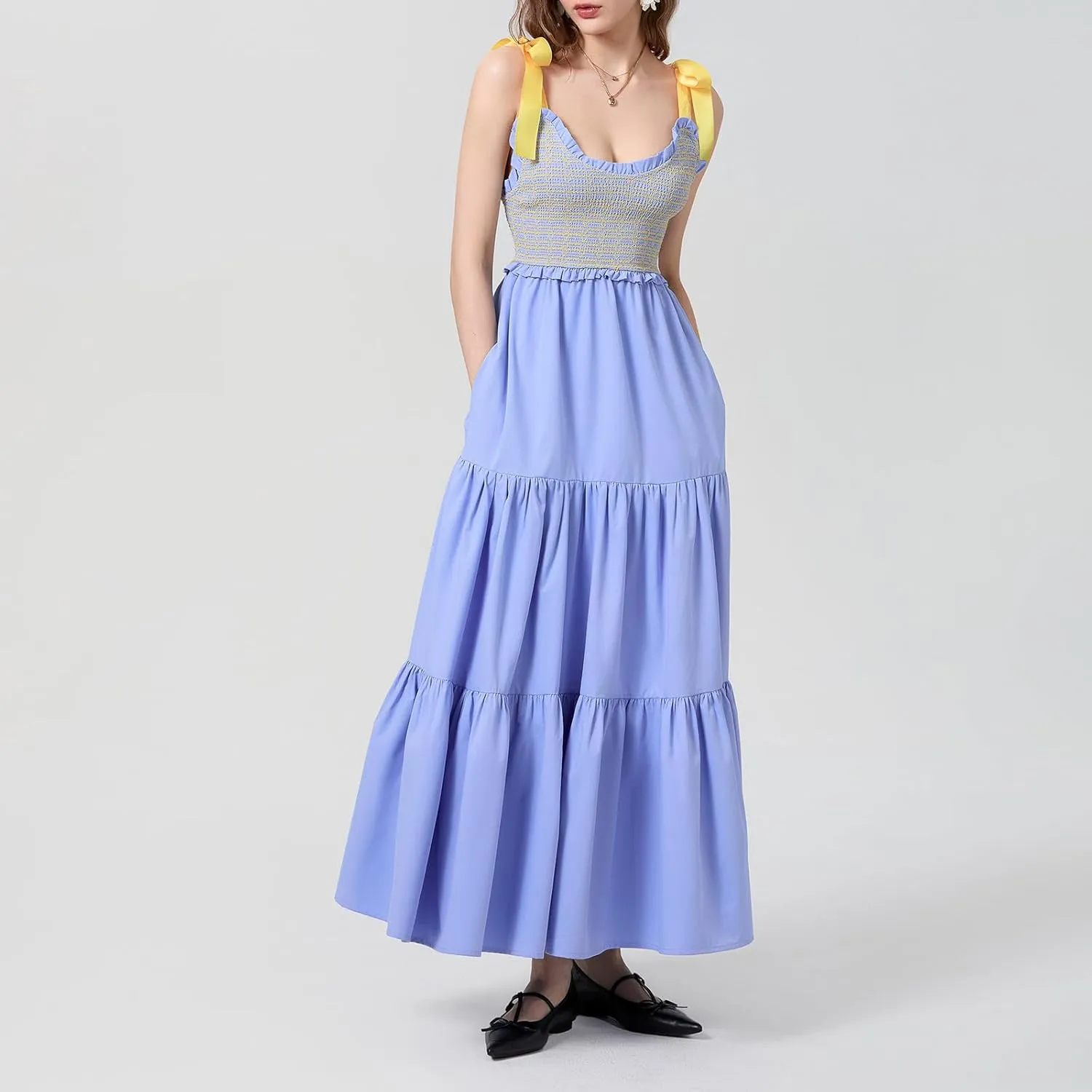 NUFIWI Boho Tie Shoulder Dress for Women Floral Patchwork Long Sundress Sleeveless Flowy Smocked Summer Bohemian Dresses