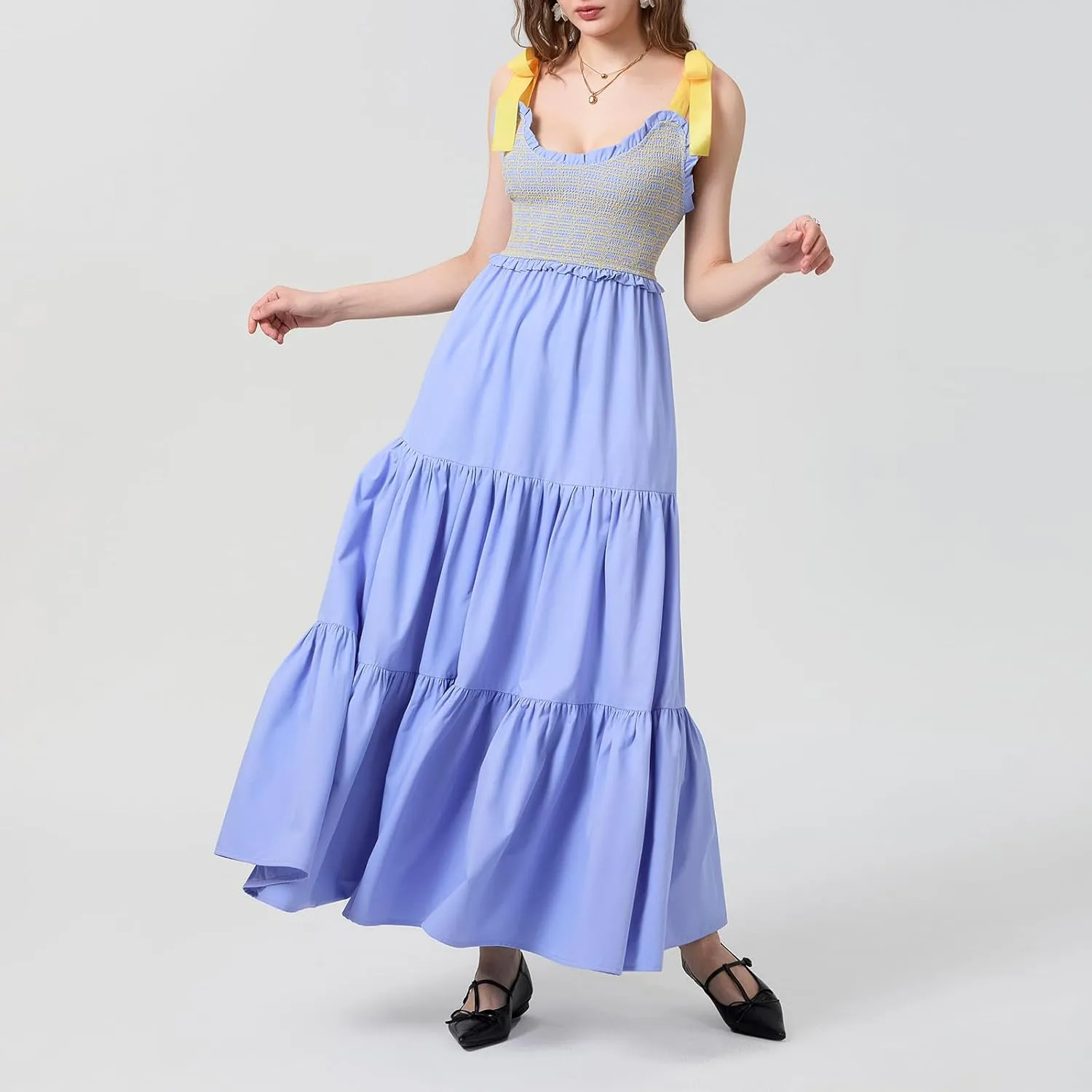NUFIWI Boho Tie Shoulder Dress for Women Floral Patchwork Long Sundress Sleeveless Flowy Smocked Summer Bohemian Dresses