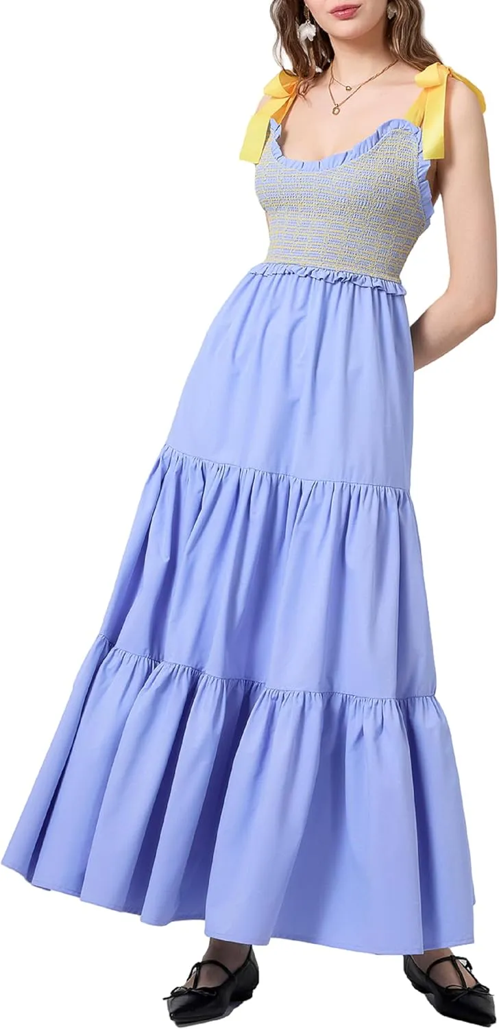 NUFIWI Boho Tie Shoulder Dress for Women Floral Patchwork Long Sundress Sleeveless Flowy Smocked Summer Bohemian Dresses
