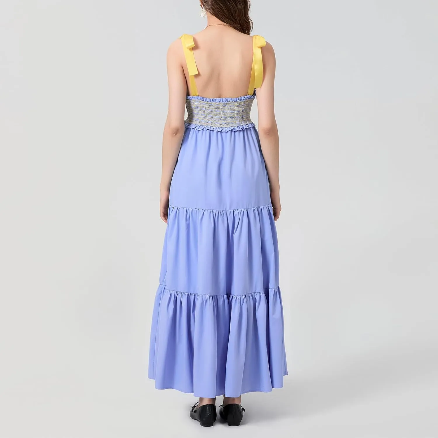 NUFIWI Boho Tie Shoulder Dress for Women Floral Patchwork Long Sundress Sleeveless Flowy Smocked Summer Bohemian Dresses