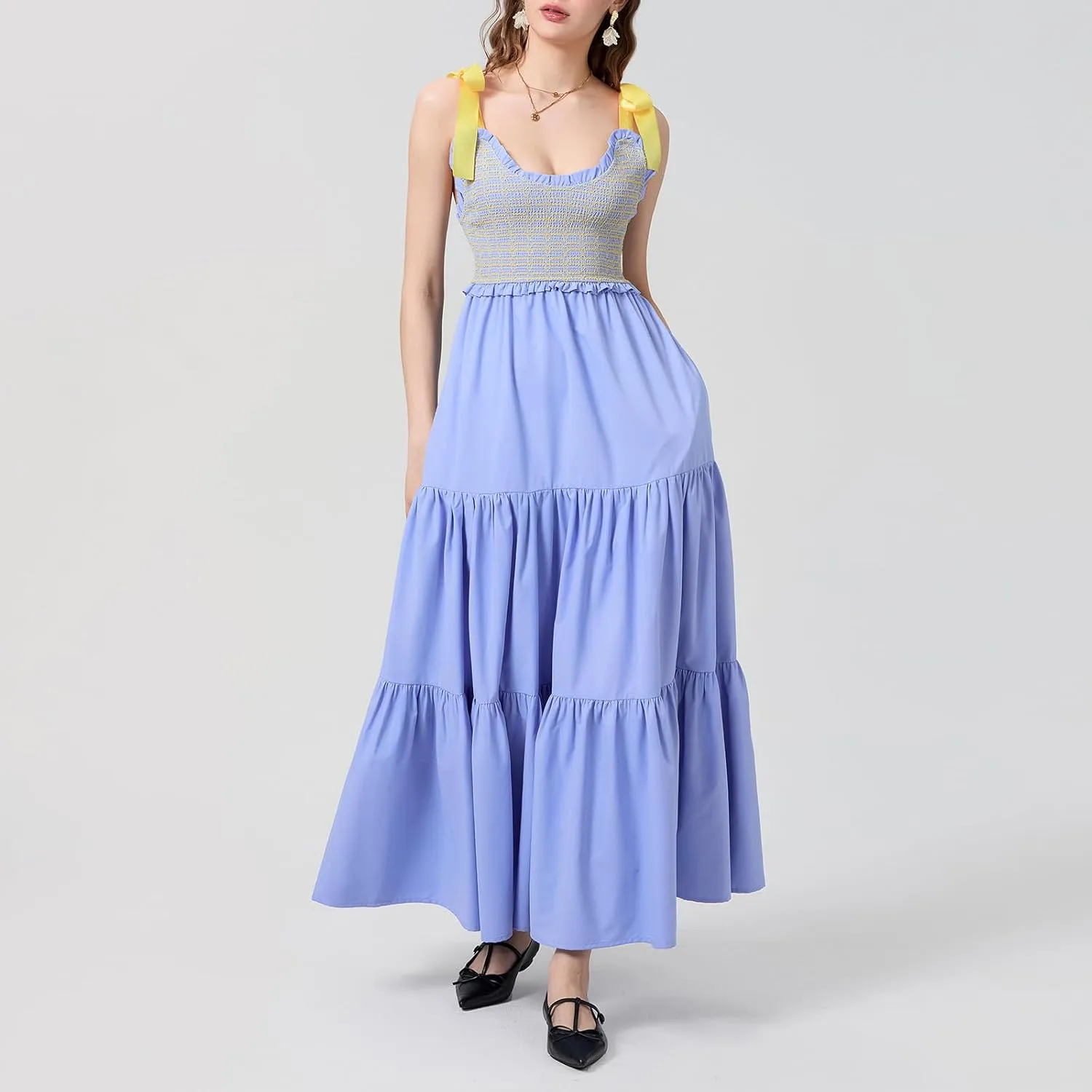 NUFIWI Boho Tie Shoulder Dress for Women Floral Patchwork Long Sundress Sleeveless Flowy Smocked Summer Bohemian Dresses